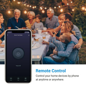 DEWENWILS smart yard stake setup shown for easy remote scheduling of outdoor devices.