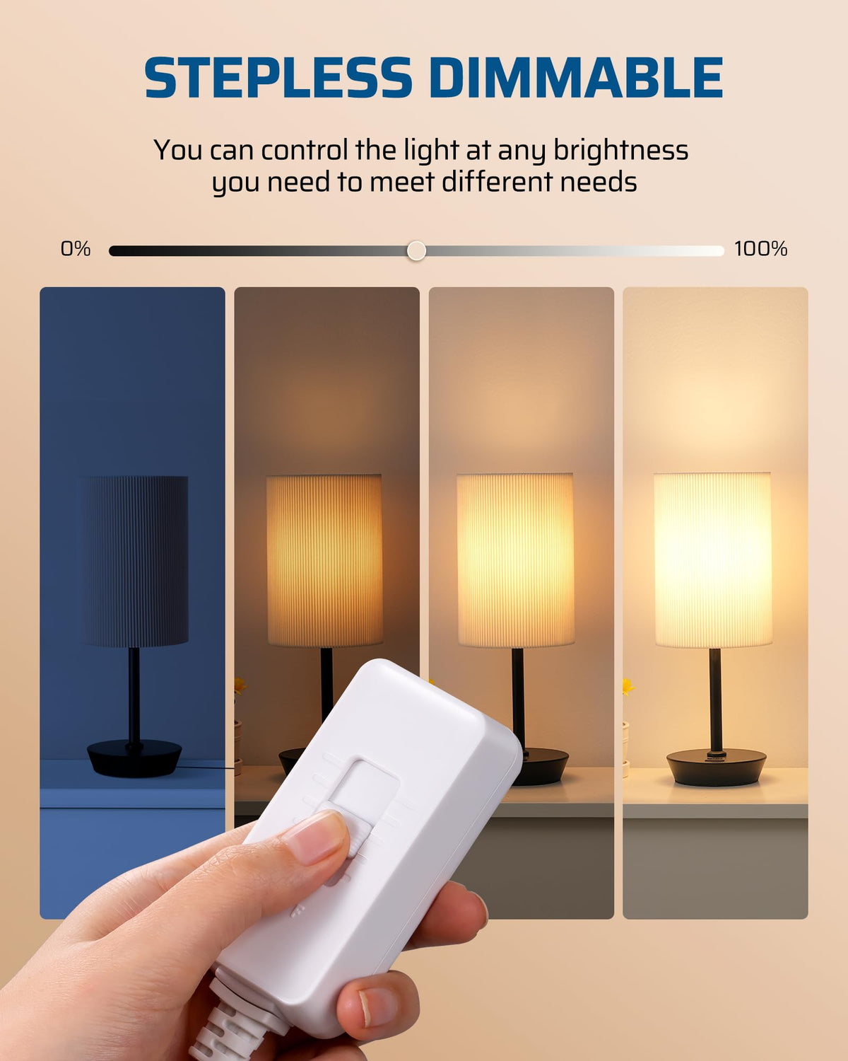Stepless dimming slider allows precise brightness adjustment on a living room lamp.