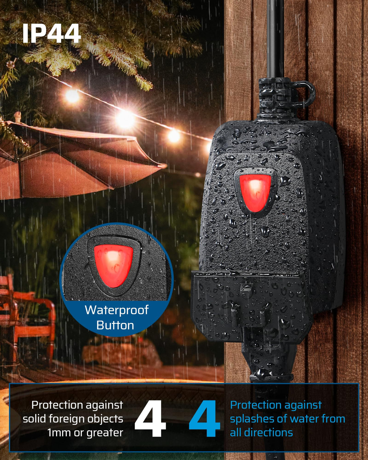 Dewenwils weatherproof dimmer shell protects against rain, sun, and temperature changes.