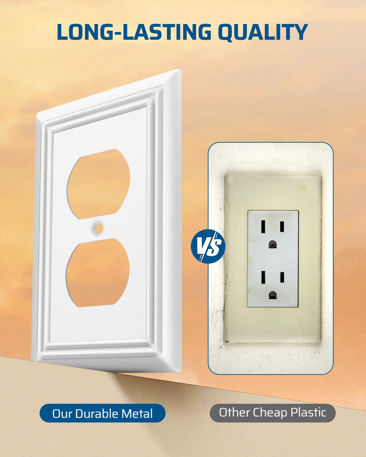 DEWENWILS white metal outlet wall plate closeup shows textured edge for antique flair.