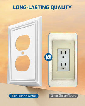 DEWENWILS white metal outlet wall plate closeup shows textured edge for antique flair.