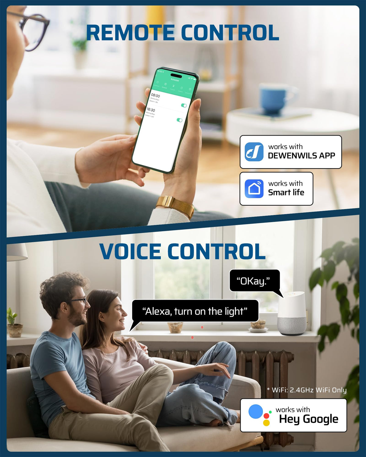 DEWENWILS wifi setup screen demonstrates easy app control and voice compatibility.