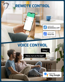 DEWENWILS wifi setup screen demonstrates easy app control and voice compatibility.