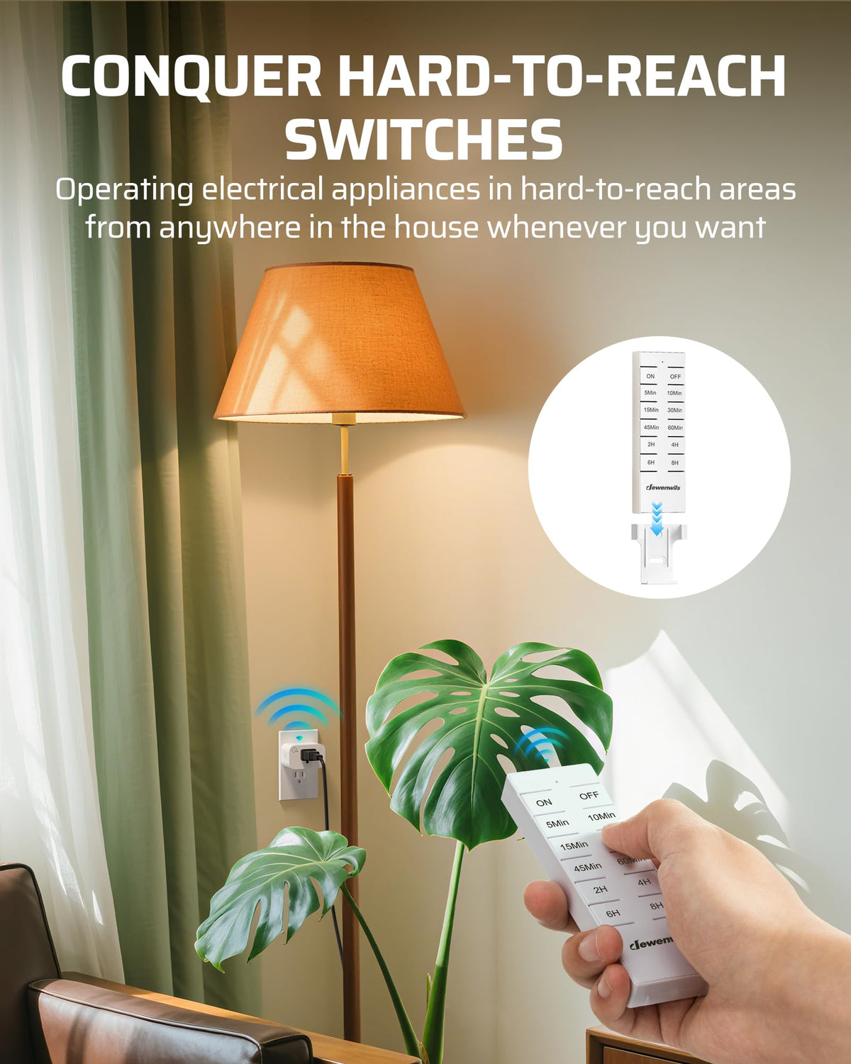 DEWENWILS timer installed in a garage powering outdoor devices.