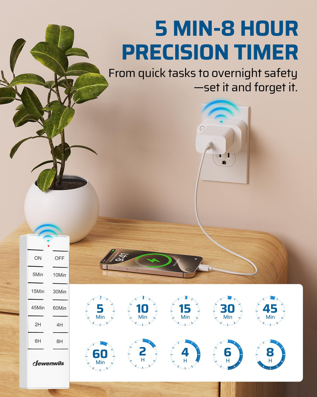 DEWENWILS timer in use with a lamp for automated lighting control.