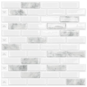 DEWOO 3D marble tile backsplash close-up with stone-grey durable finish