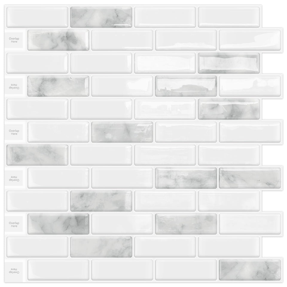 DEWOO 3D marble tile backsplash close-up with stone-grey durable finish