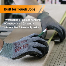 DEX FIT FN330 durable nitrile palm resists wear for heavy-duty tasks.