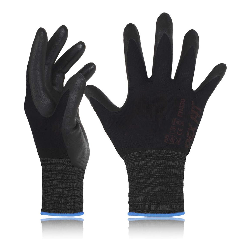 DEX FIT FN330 nitrile-coated gloves with non-slip grip for greasy tools.
