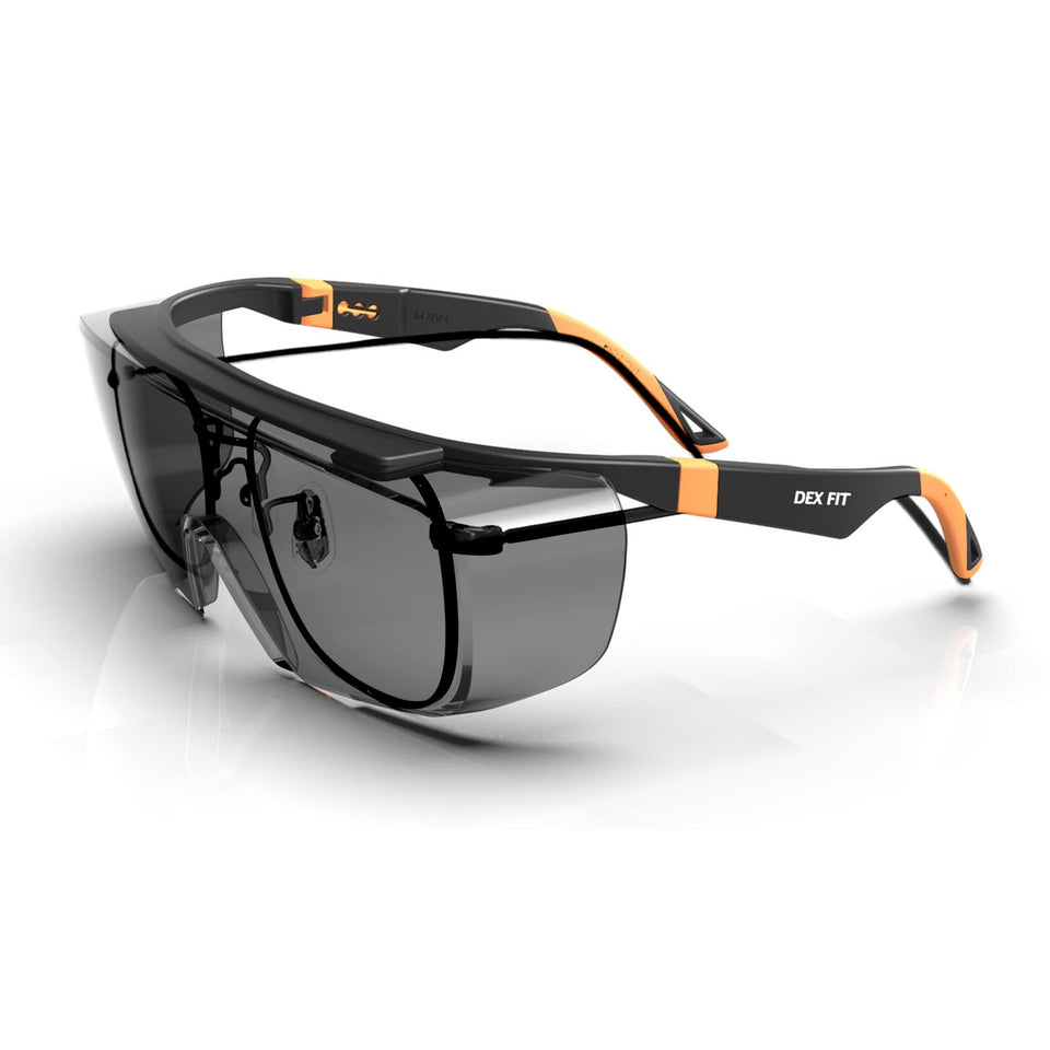 DEX FIT SG210 over-eyeglasses sunglasses with smoke lens offering clear outdoor visibility and UV protection.