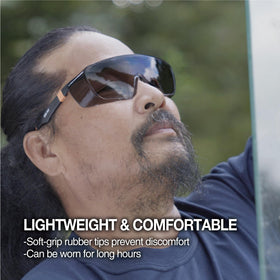 DEX FIT SG210 smoke-tinted lenses reduce glare outdoors.