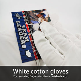Deyimmei white cotton gloves for fingerprint-free handling of polished cards.
