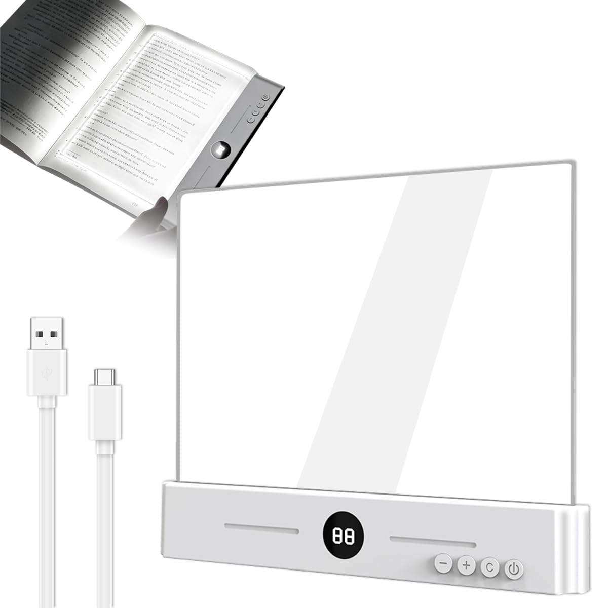 DEYOT flat book light demonstrates the dimmable panel for tailored reading brightness.