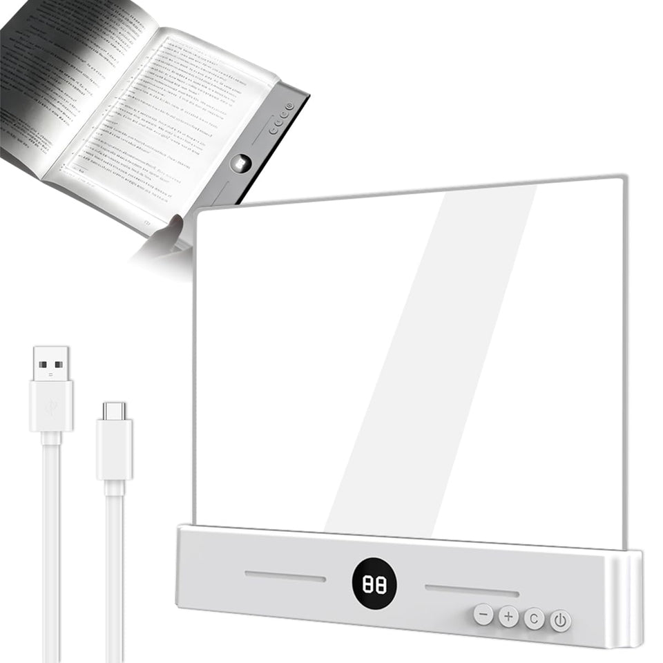 DEYOT flat book light demonstrates the dimmable panel for tailored reading brightness.