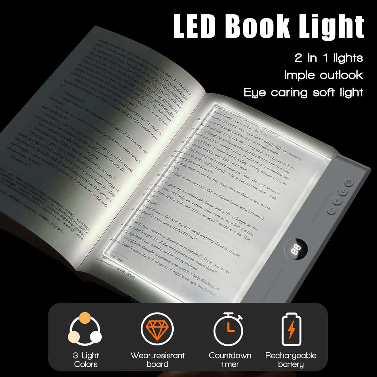 DEYOT flat book light in three colors for focused reading, relaxing, or neutral illumination.