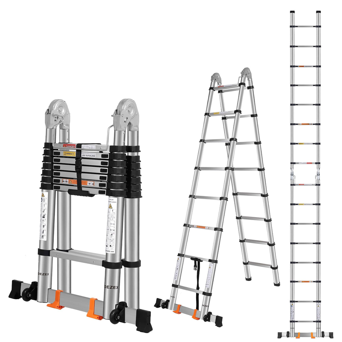 DEZEX telescoping ladder extended to 16.5 feet for high-reaching tasks.