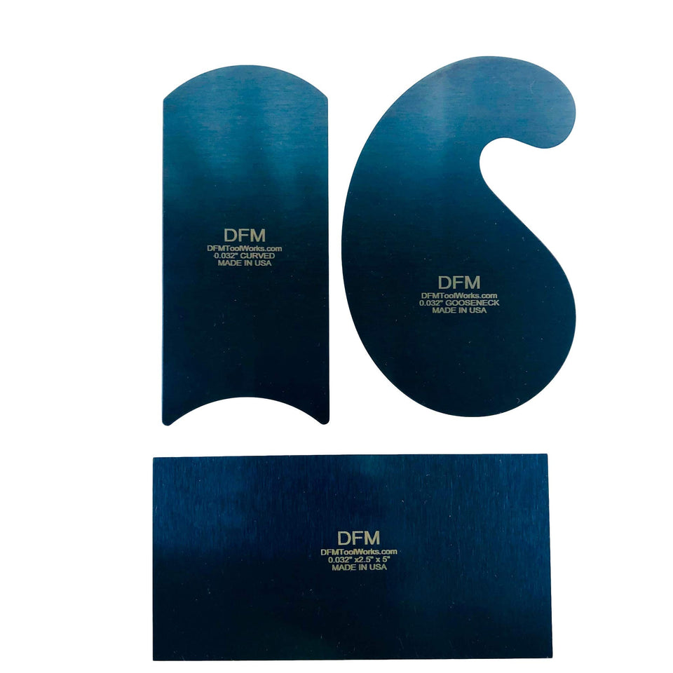 DFM Tool Works blue curved cabinet scraper set showing edge for fine finishes