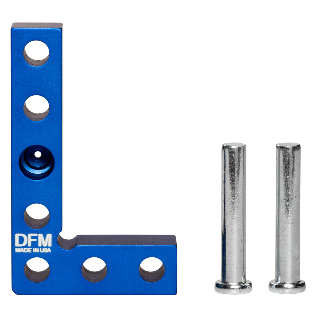 DFM Tool Works blue small square center finder, precise layout for furniture and carpentry projects.