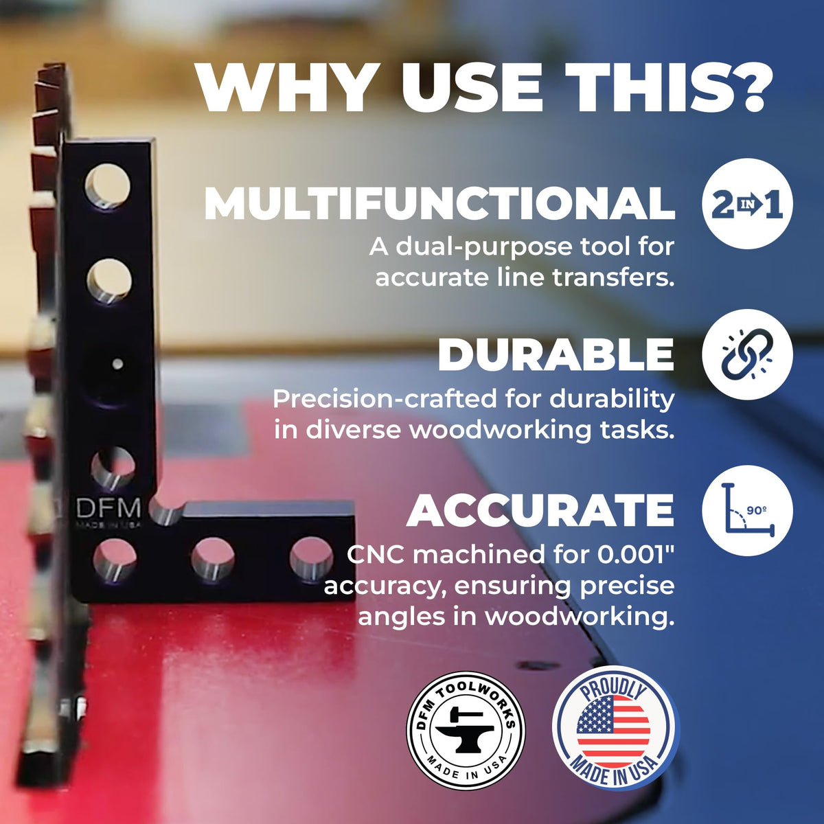 DFM Tool Works carpenter engineering square, precise edges guide confident layout and marking.