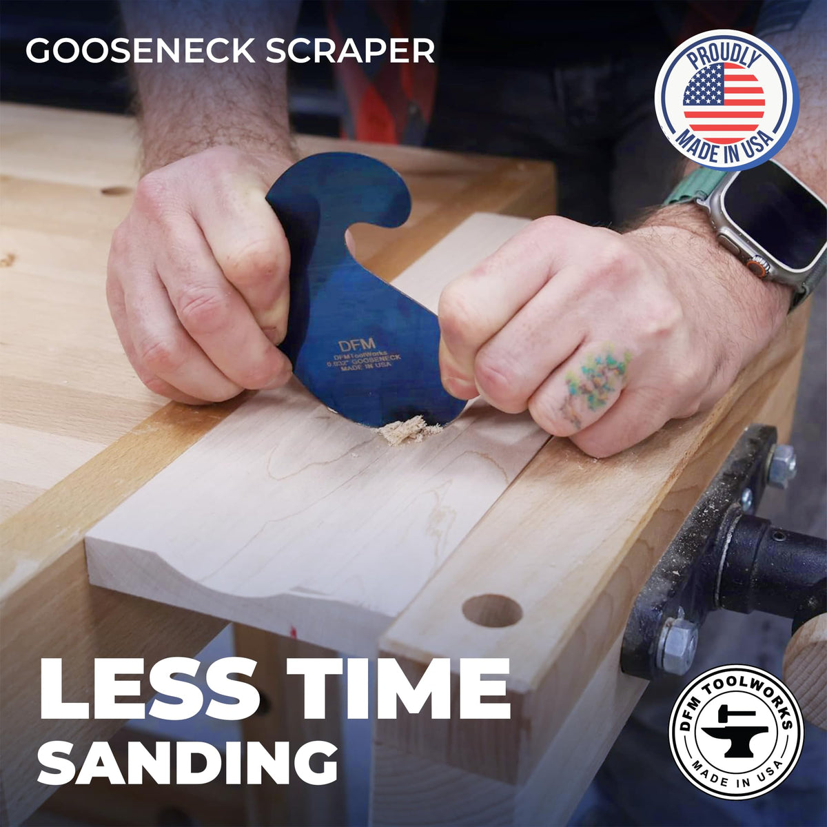 DFM Tool Works cabinet-scraper in use on finished panel shows precise control