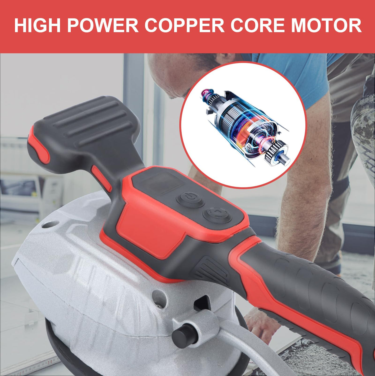 Cordless operation with balanced double handle for easier tile work.