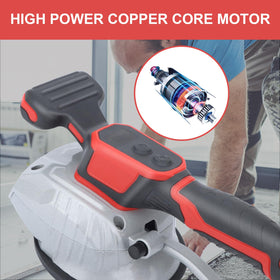 Cordless operation with balanced double handle for easier tile work.