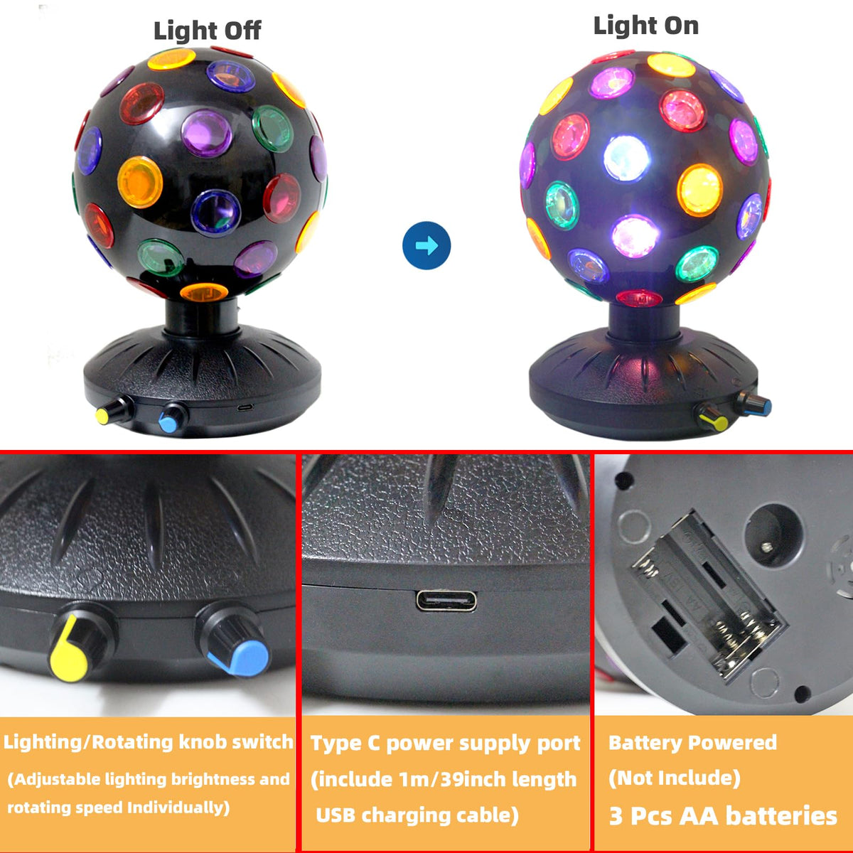 DGRIVERGOD disco ball light powered by USB for easy indoor setups.