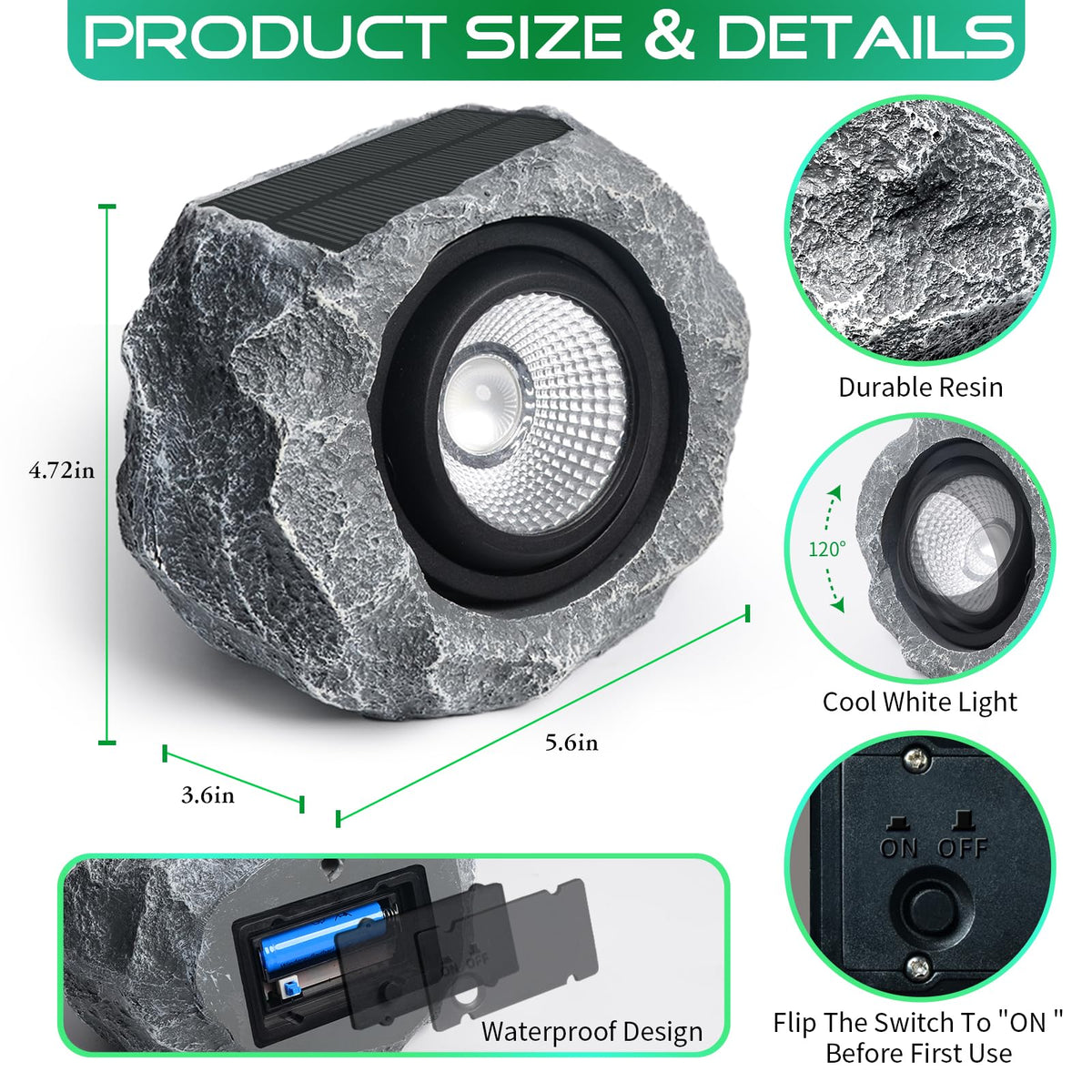 DGSCAK tool-free installation rock light for easy placement in sunny spots.