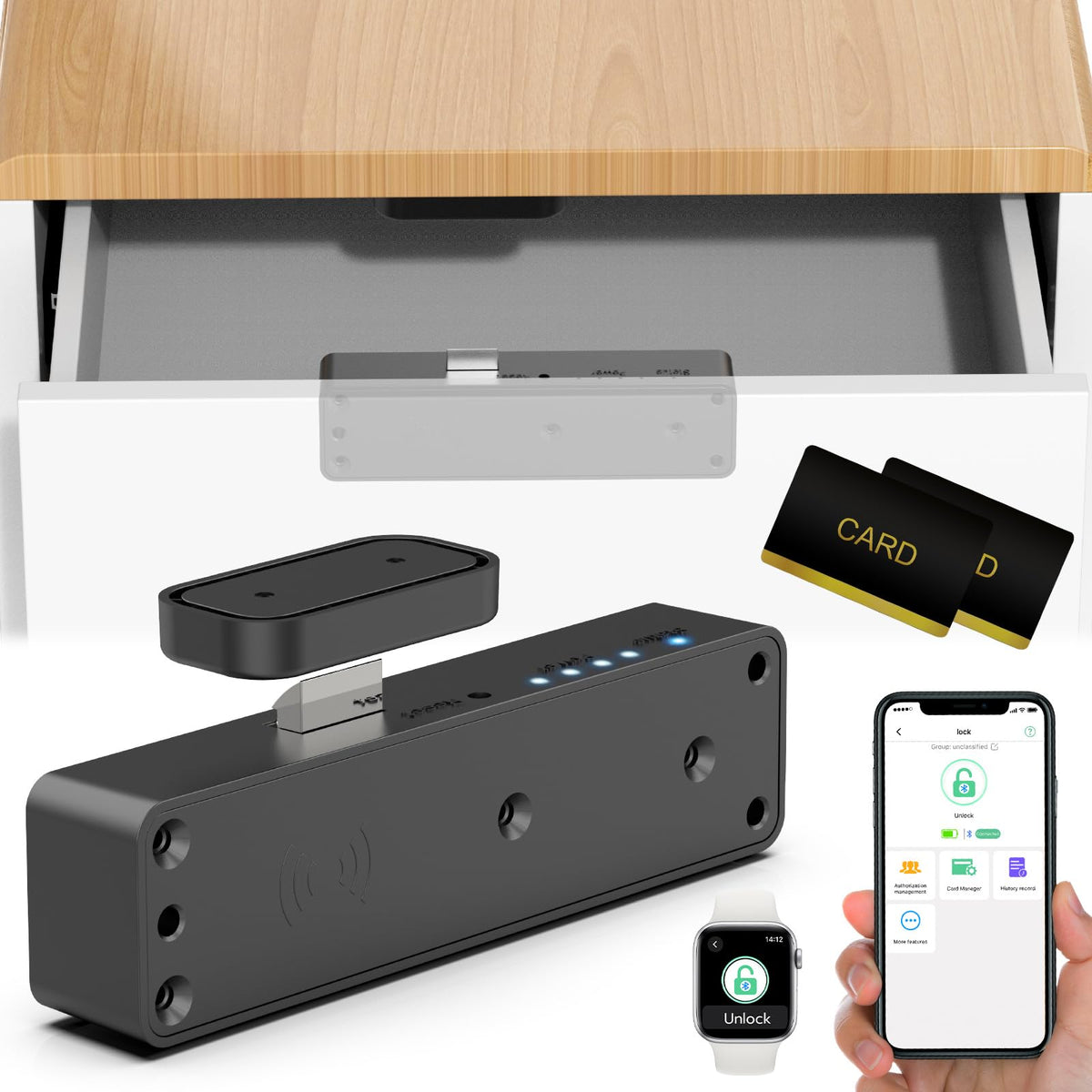 Dhiedas Smart RFID Drawer Lock close-up reveals discreet, quick-touch access