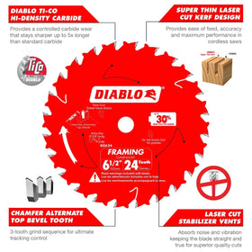 Diablo Freud D0624A laser-cut stabilizer vents reduce heat and vibration for smoother cuts.