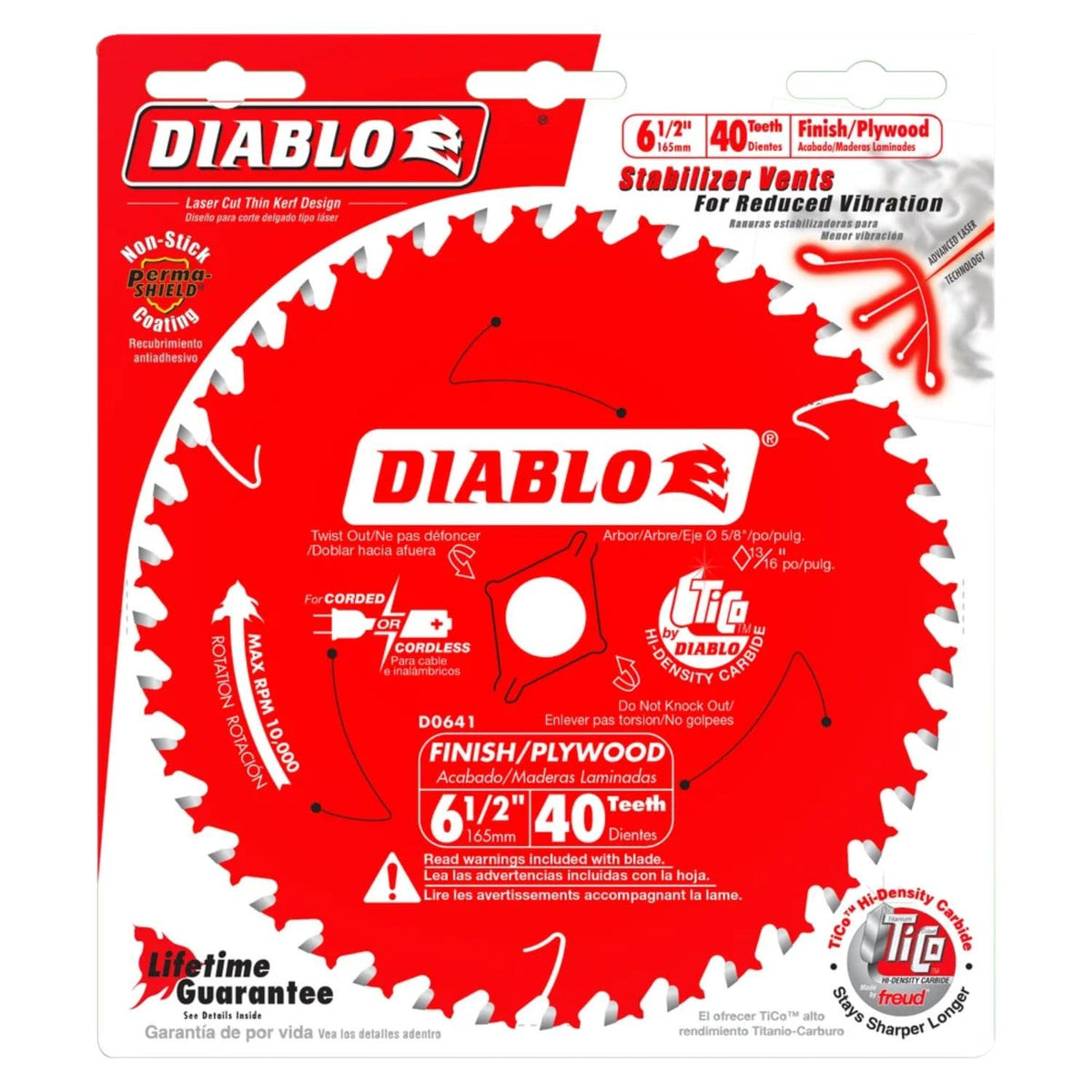 Diablo D0641X laser-cut stabilizer vents minimize vibration during cuts.