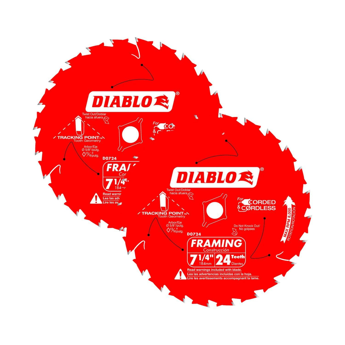 Diablo D0724A tracking point tooth design for precise framing cuts