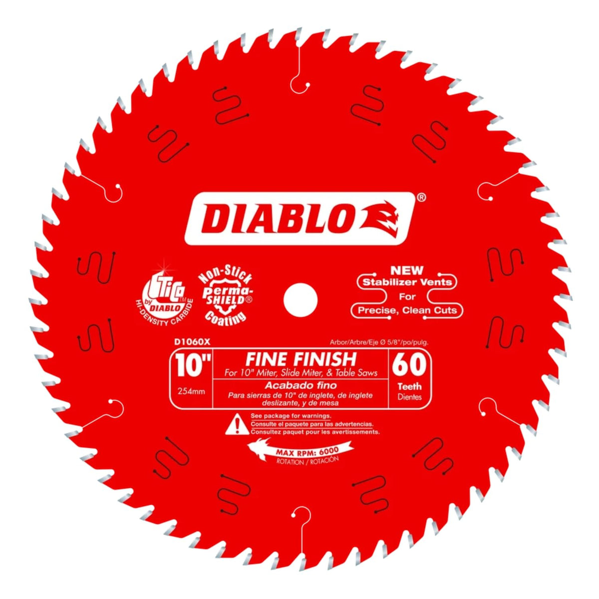 Diablo D1060X fine-finish teeth close-up showing Hi-ATB edges for smooth cuts