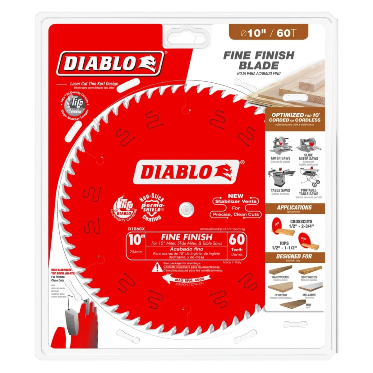 Diablo D1060X blade featuring laser-cut kerf and stabilizer vents for quiet, precise cutting