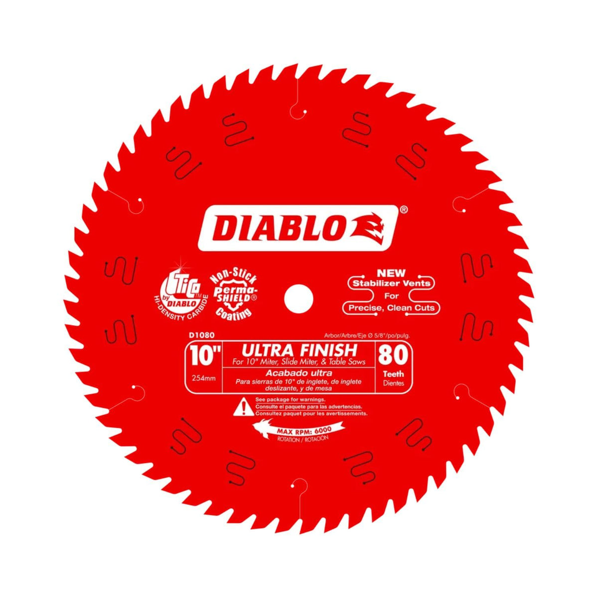 Diablo D1080X 5/8-inch arbor fits most standard saws, simplifying setup.