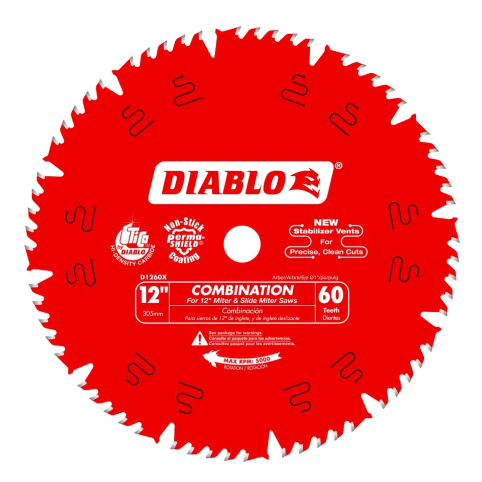 Diablo D1260X 12in blade closeup highlighting thin-kerf design for cleaner rips