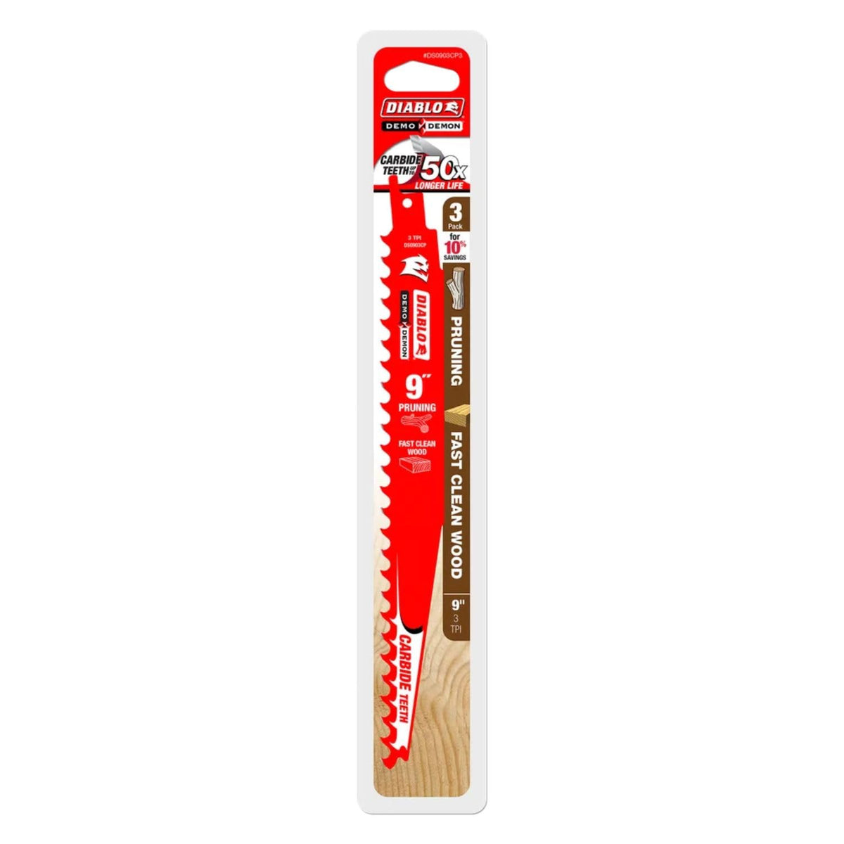 Three-pack Diablo Demo Demon blades for pruning and clean wood tasks.