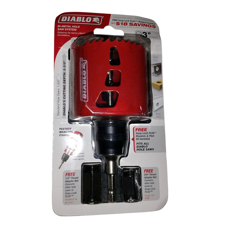 Diablo Freud 3-inch bi-metal hole saw system with snap-lock mandrel and pilot bit for precise drilling