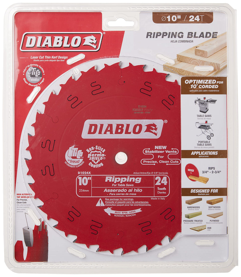 Diablo D1024X ripping blade close-up cutting wood for framing projects