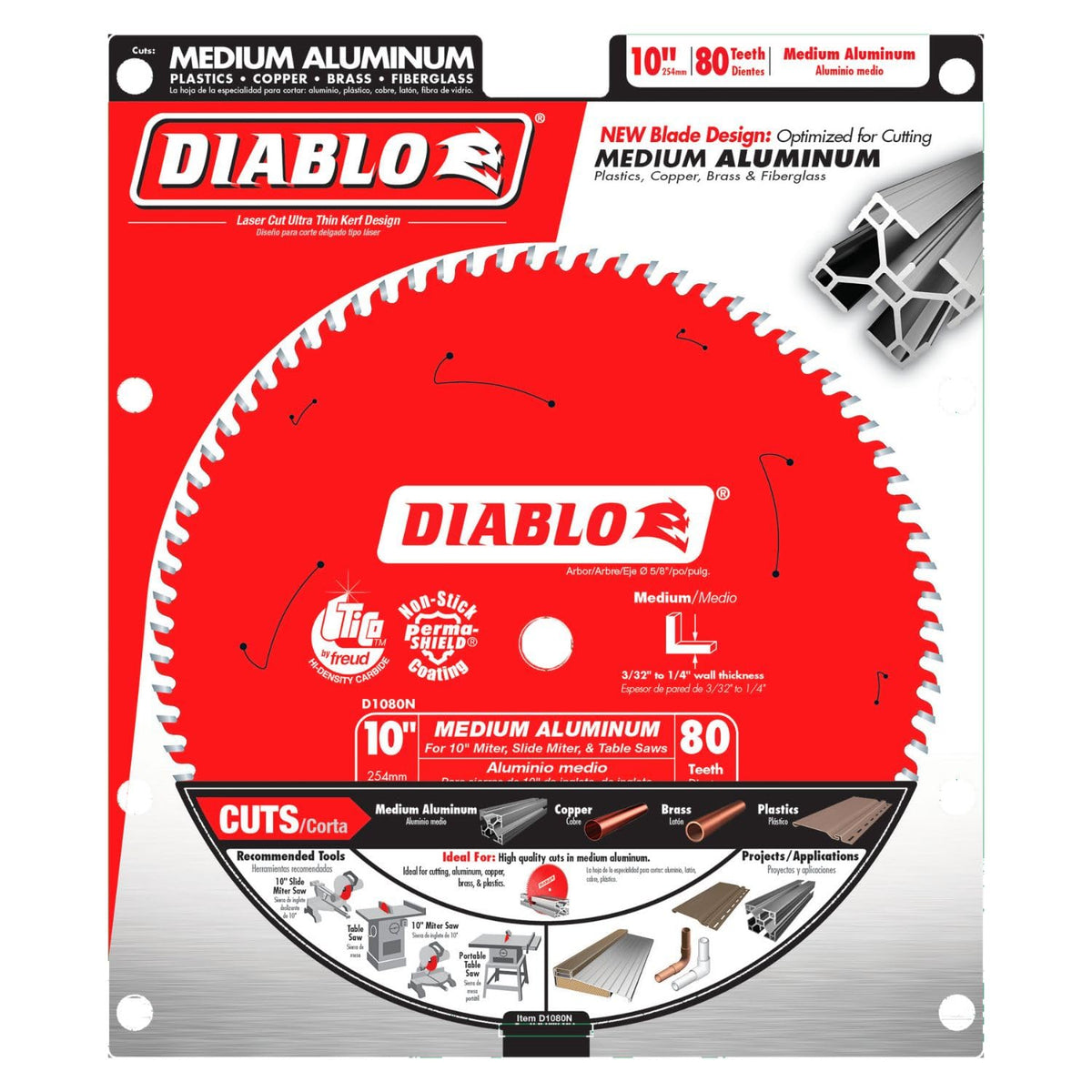 Diablo D1080N side view highlights carbide teeth for durable metal and plastic cuts.