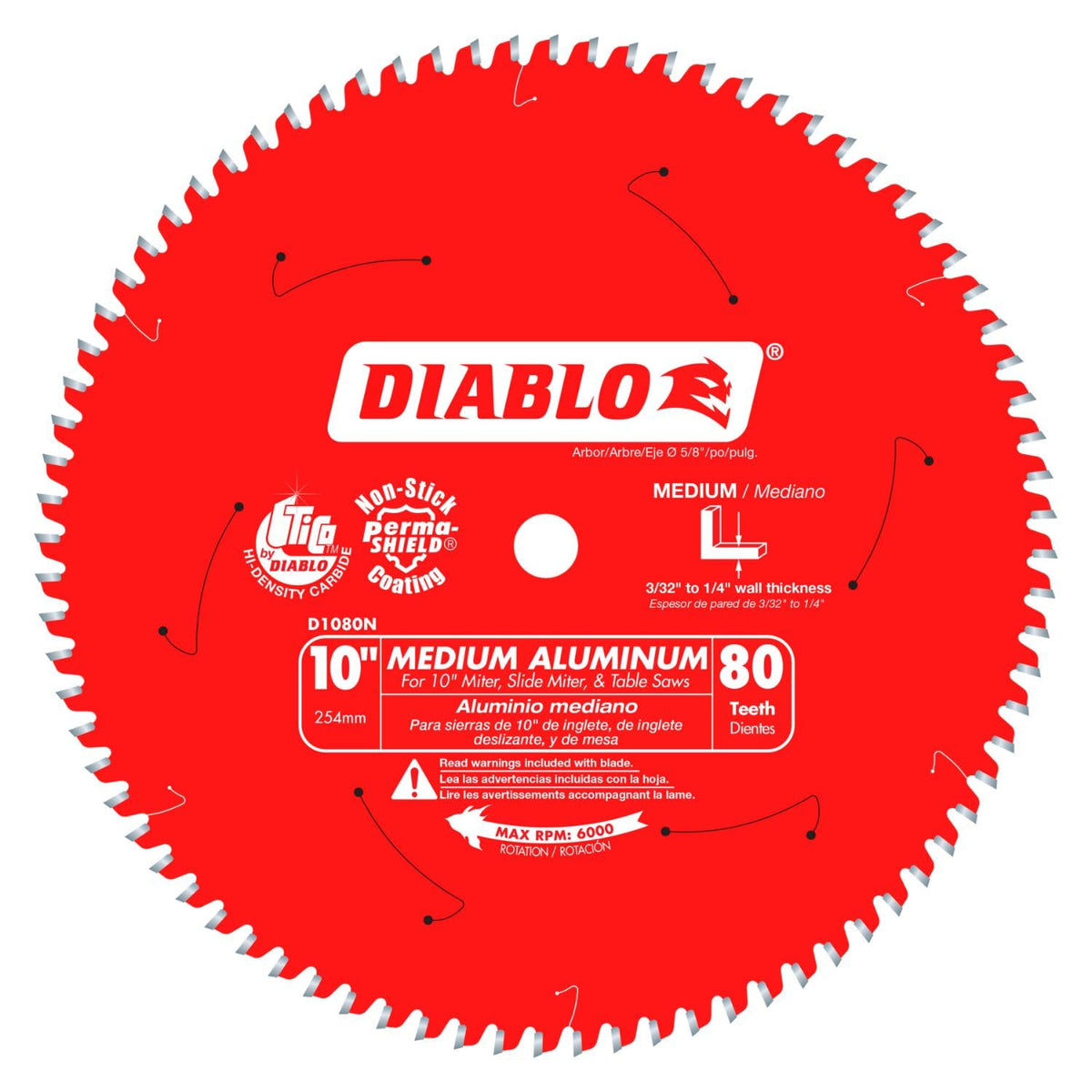 Diablo D1080N blade top view shows 10in size and 80 teeth for nonferrous cuts.