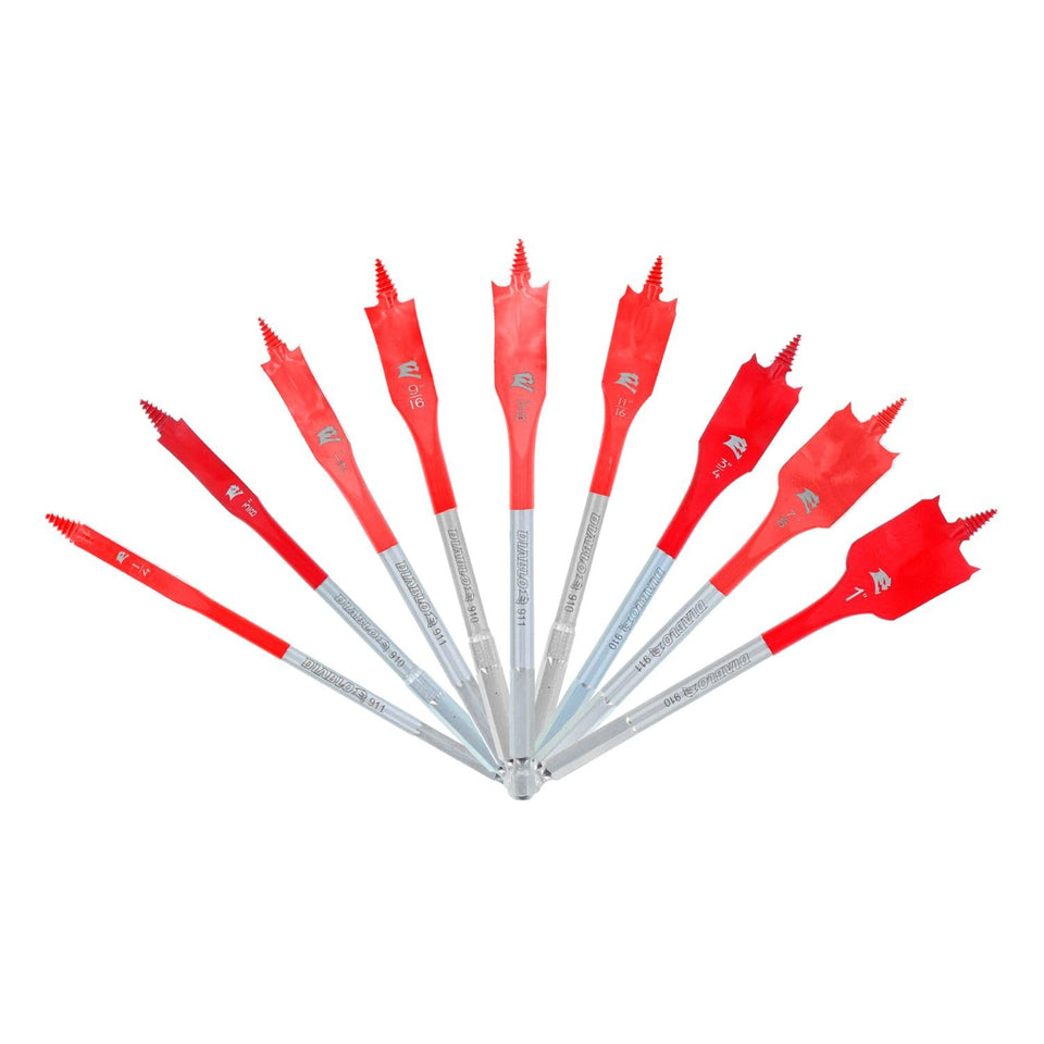 Diablo SPEEDemon spade bit set closeup highlights sharp self-feeding tips for clean wood holes.