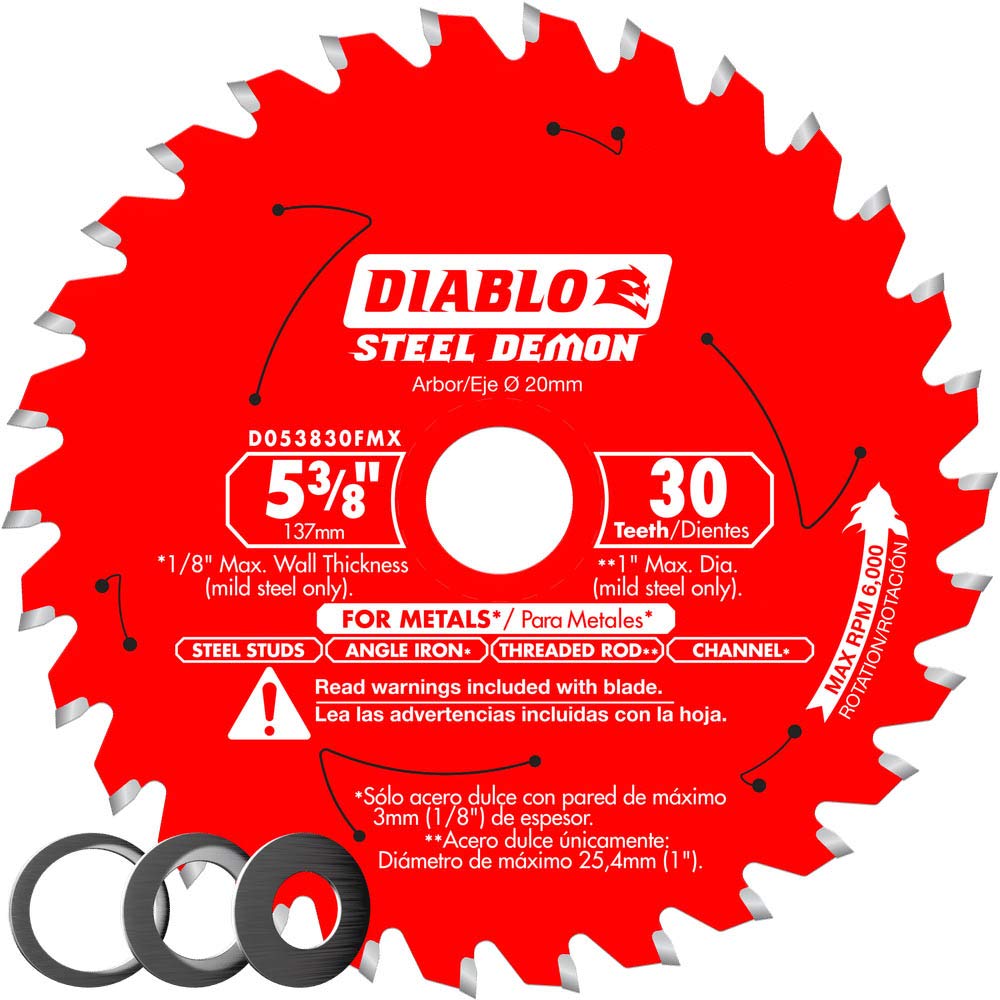 Diablo Steel Demon carbide blade for mild steel with reduced sparks and clean cuts.