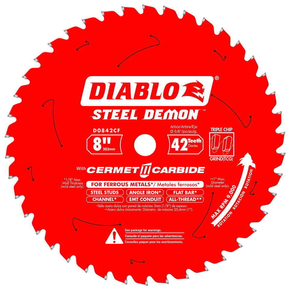 Diablo Steel Demon Cermet II blade; 8-inch cutting edge for cooler, burr-free ferrous metal cuts.