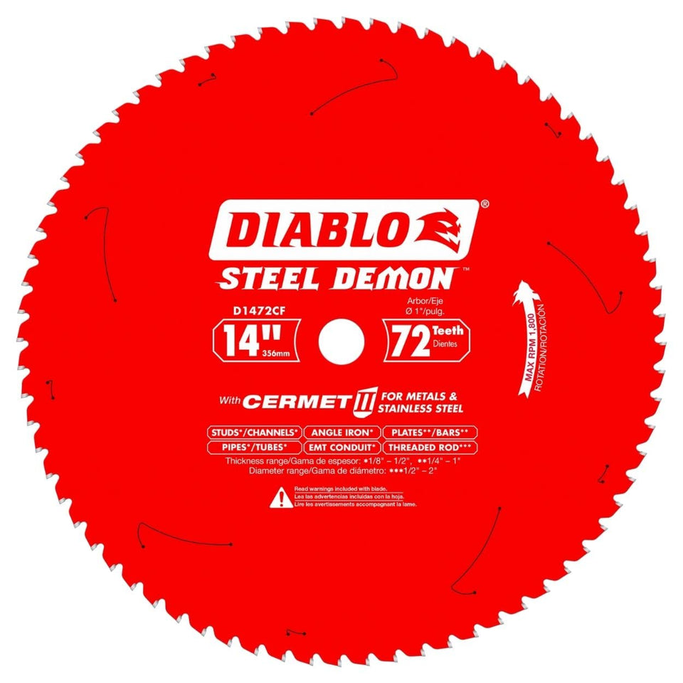 Diablo Steel Demon D1472CF blade cutting-action for precise ferrous metal cuts.