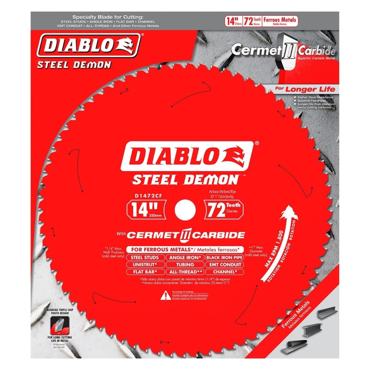 Diablo Steel Demon D1472CF blade stabilizer vents reduce vibration during use.