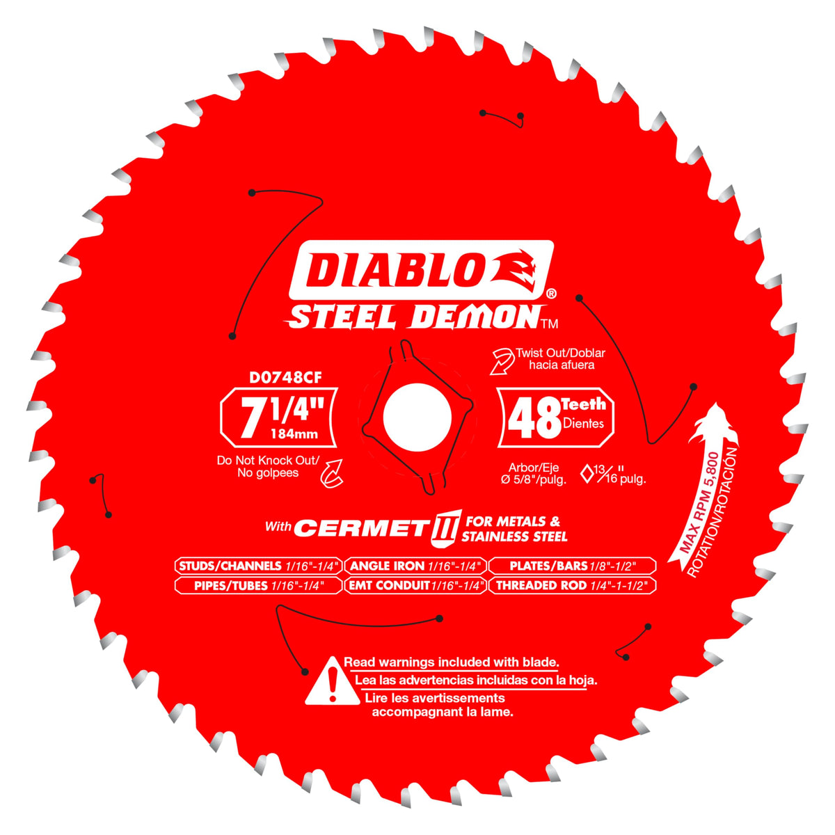 Diablo Steel Demon D0748CF blade top view for precise ferrous cuts.