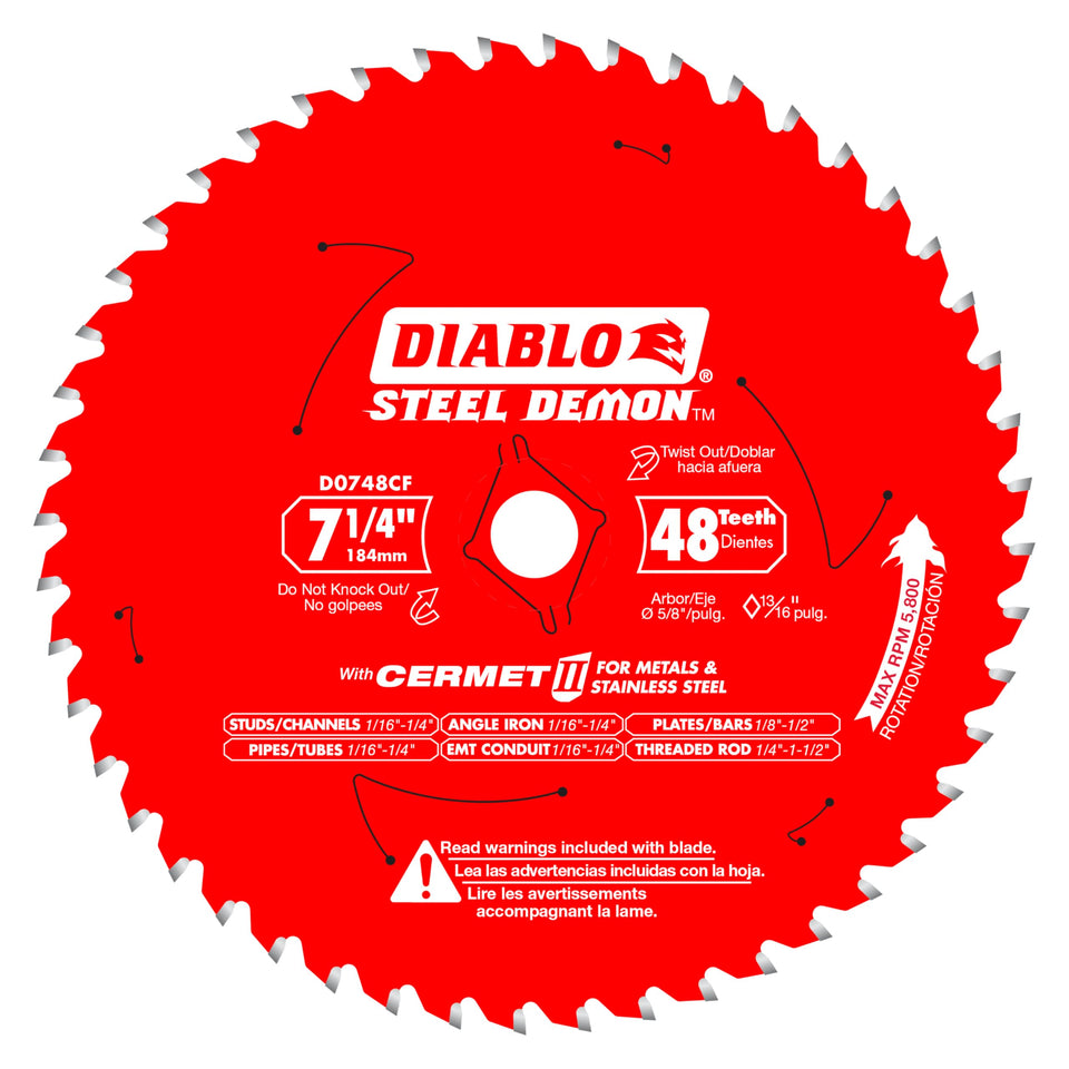 Diablo Steel Demon D0748CF blade top view for precise ferrous cuts.