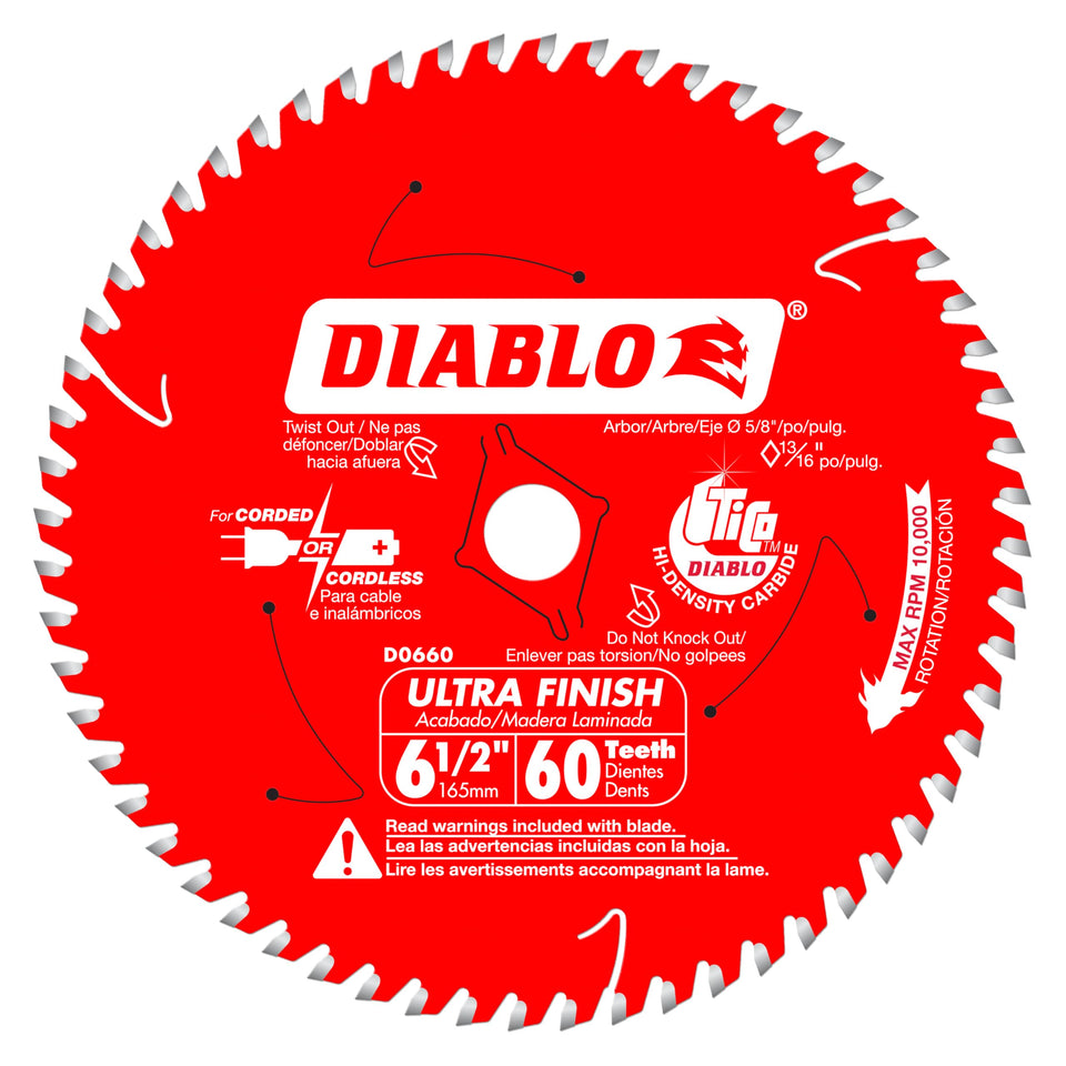 Diablo Ultra Finish saw blade for wood with 60 teeth delivers clean crosscuts and smooth edges