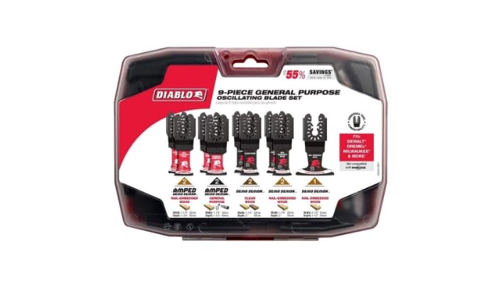 Diablo universal-fit oscillating blade set for wood, metal, plastics, and drywall with durable cuts.